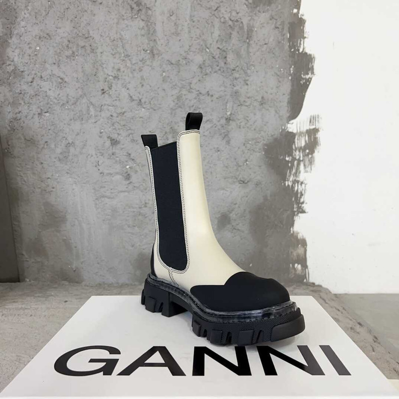 Ganni Cleated Mid Chelsea Boots White And Black