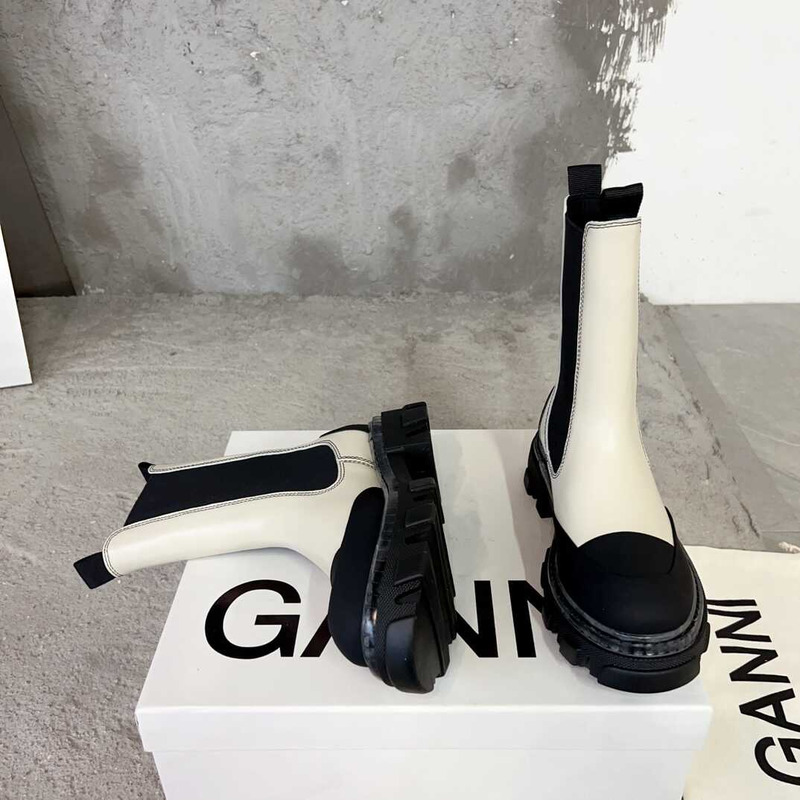 Ganni Cleated Mid Chelsea Boots White And Black