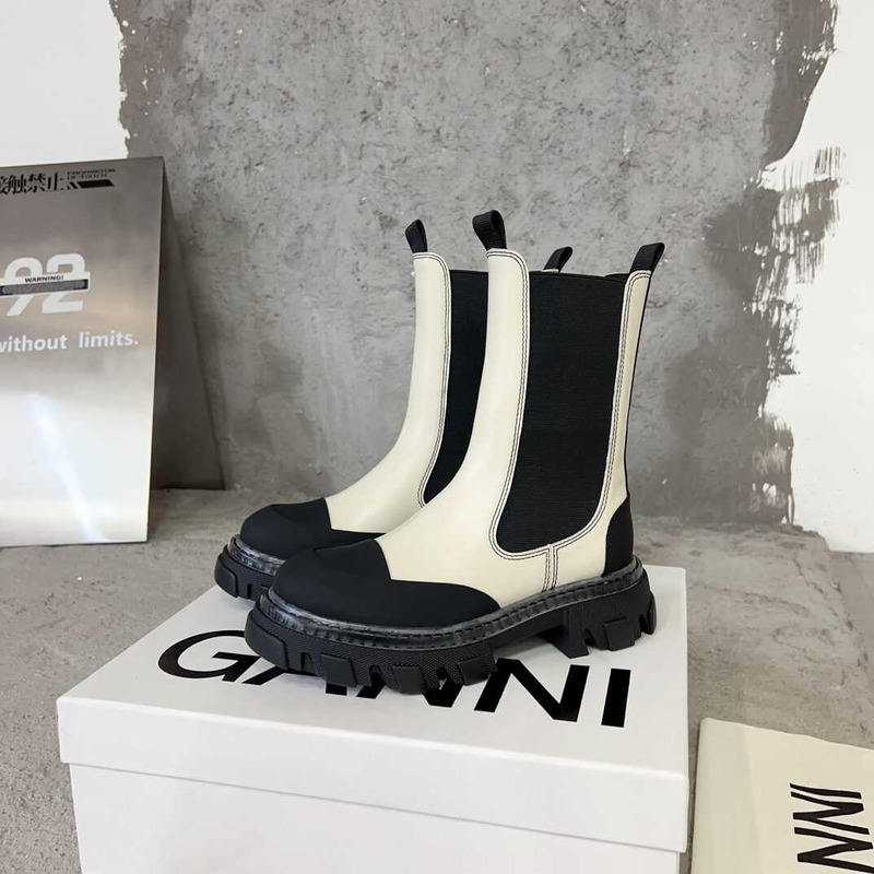 Ganni Cleated Mid Chelsea Boots White And Black