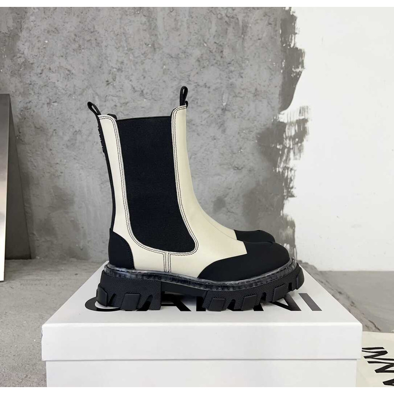 Ganni Cleated Mid Chelsea Boots White And Black