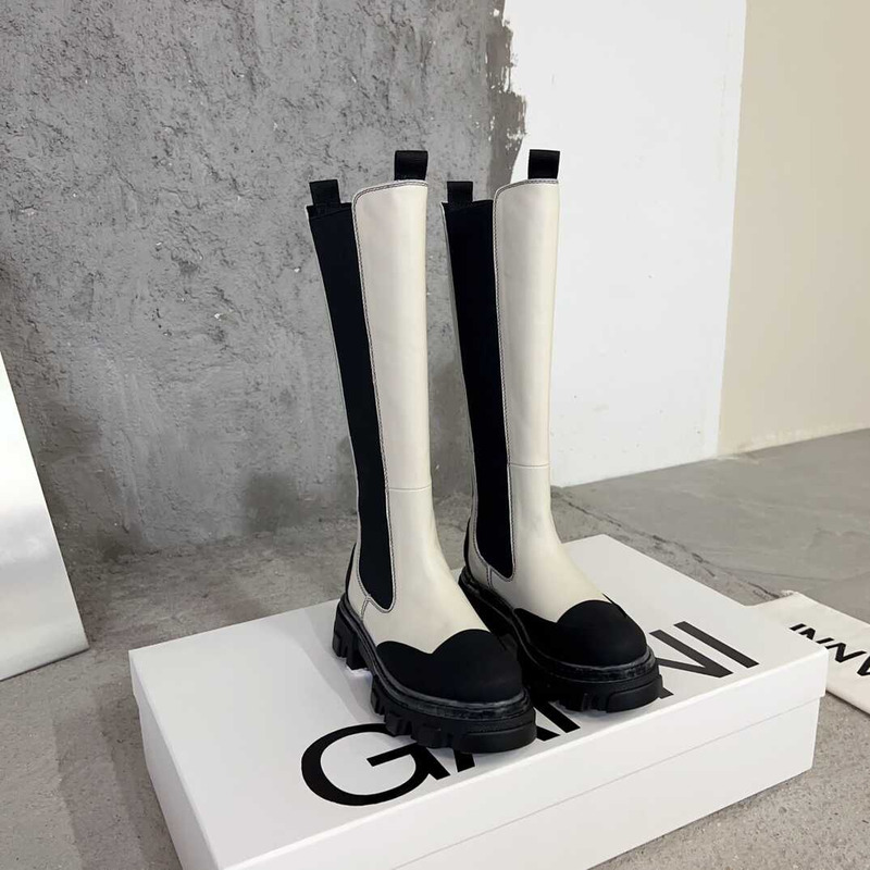 Ganni Cleated High Chelsea Boots Black And White