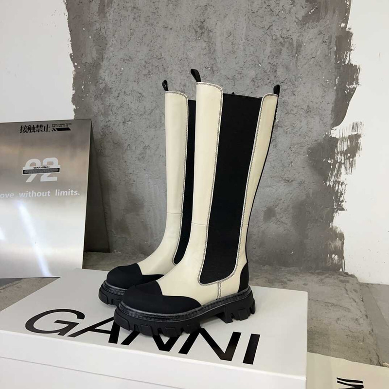 Ganni Cleated High Chelsea Boots Black And White