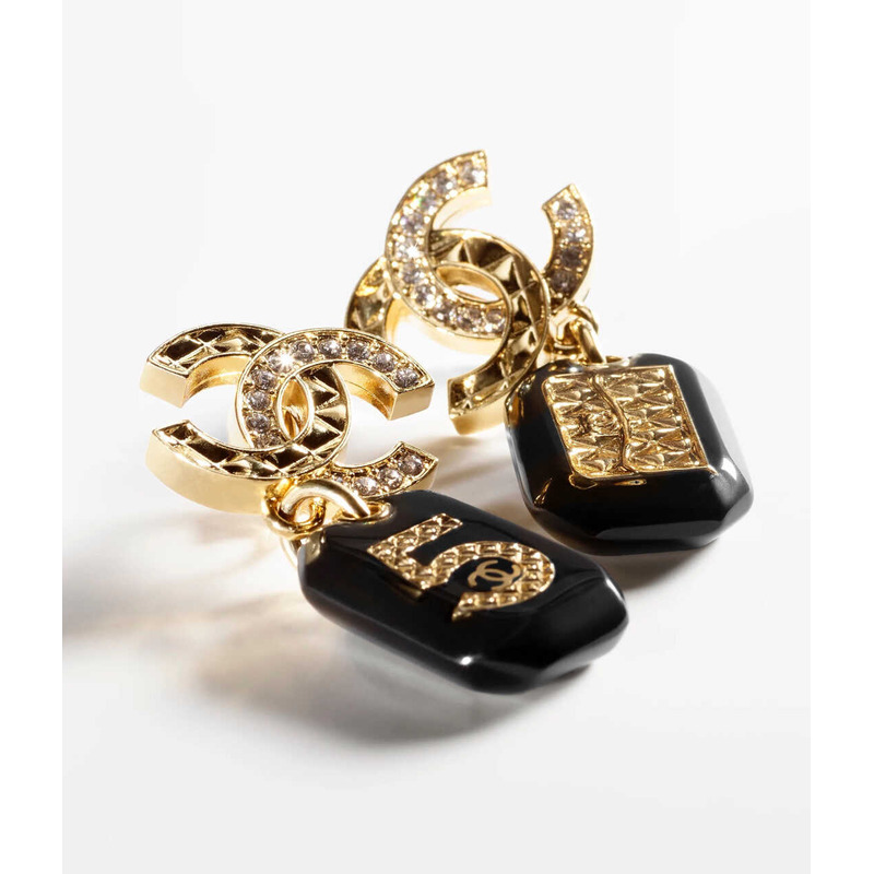 Ch*el drop earrings metal, resin and rhinestones gold, black and crystal