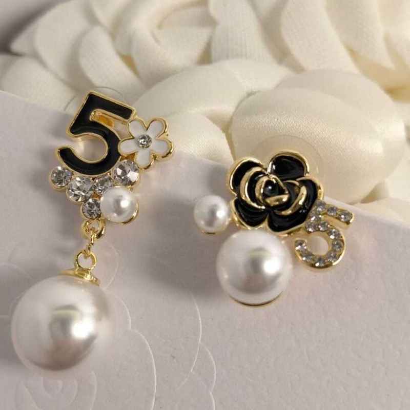 Ch*el pearl white black floral pendant earrings