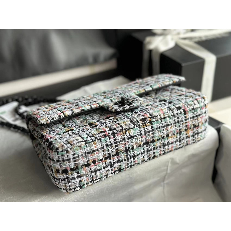 Ch*el double flap tweed shoulder bag multi color