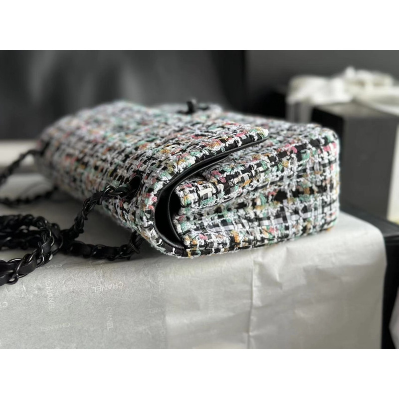 Ch*el double flap tweed shoulder bag multi color