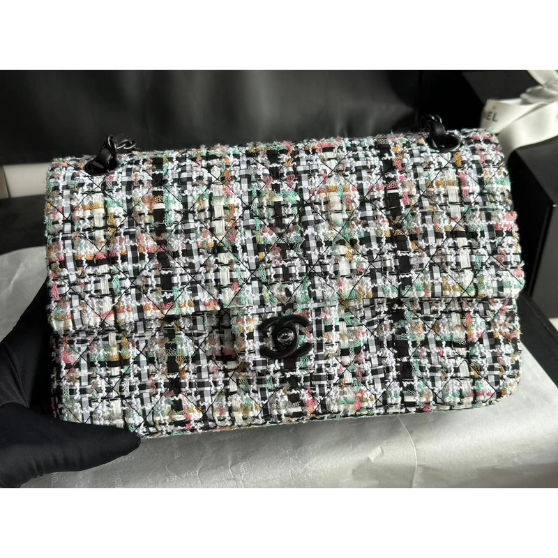 Ch*el double flap tweed shoulder bag multi color