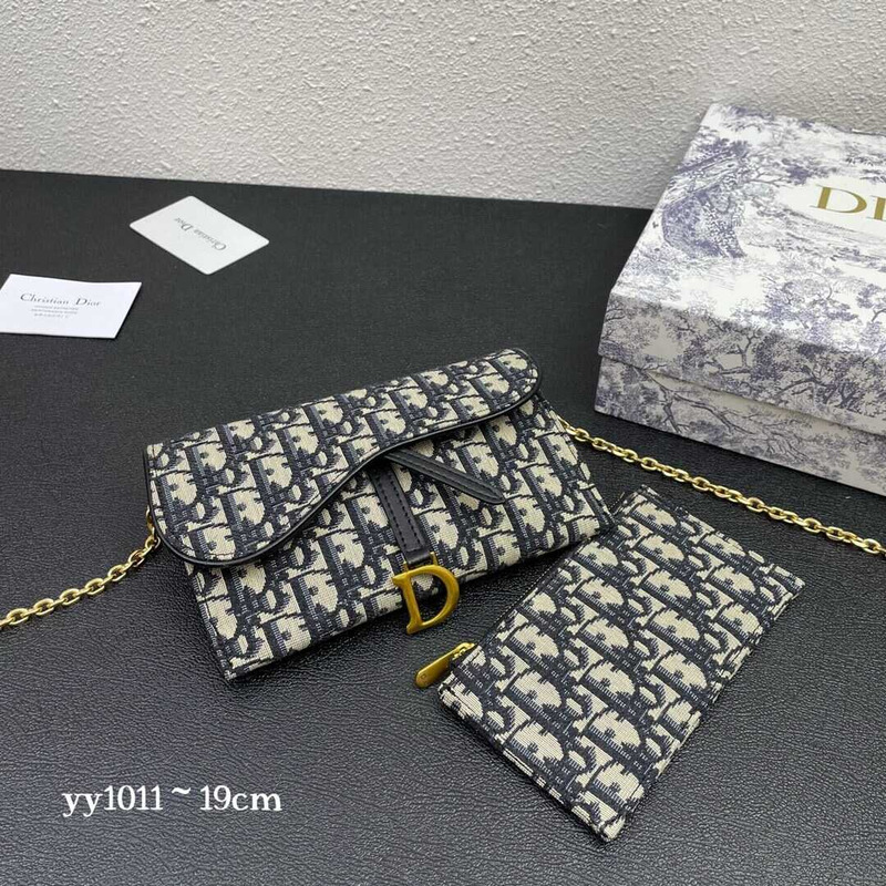 D*or  long waddle wallet with chain blue D*or oblique jacquard