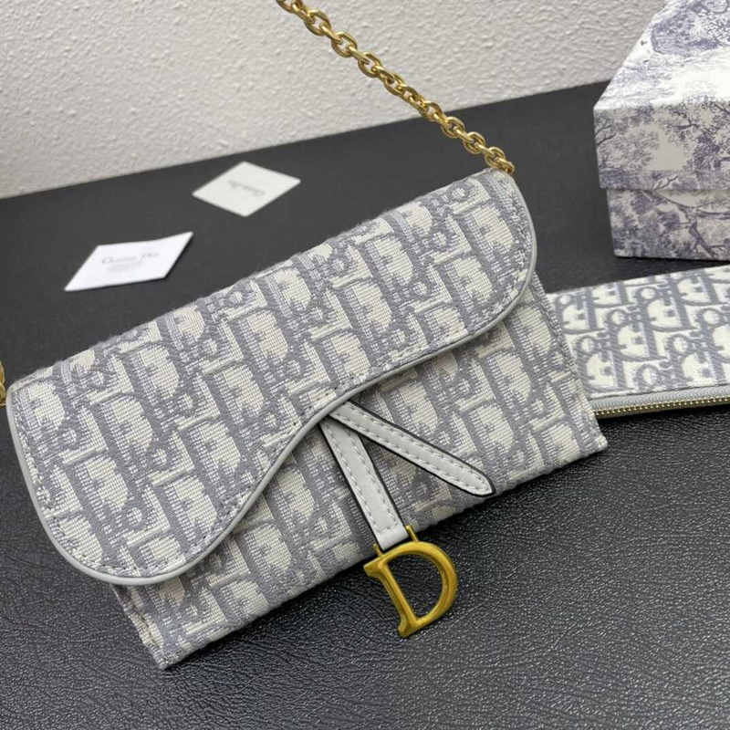 D*or long saddle wallet with chain gray D*or oblique jacquard