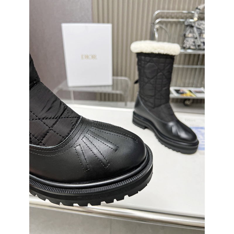 D*or frozen-d ankle cannage quilted nylon boot black calfskin and white shearling