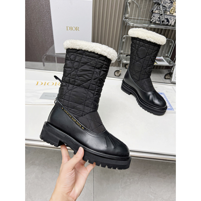 D*or frozen-d ankle cannage quilted nylon boot black calfskin and white shearling