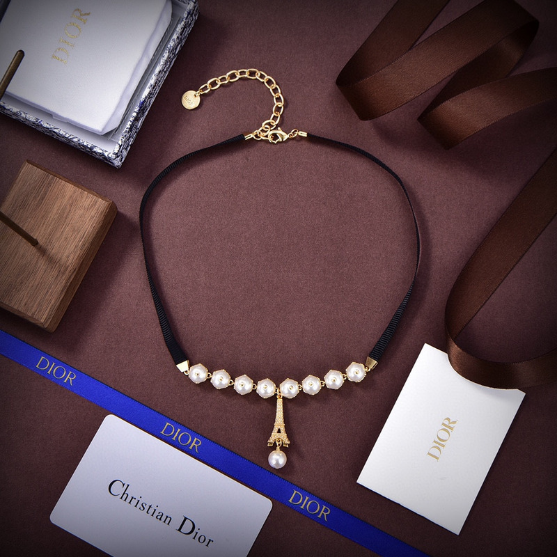 D*or plan de paris choker gold-finish metal with black grosgrain and white resin pearls