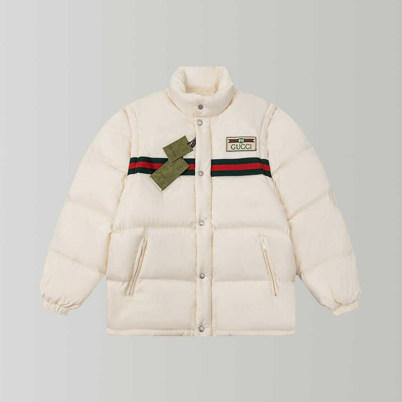 G*u*i men\''s web stripe nylon-shell quilted down jacket white