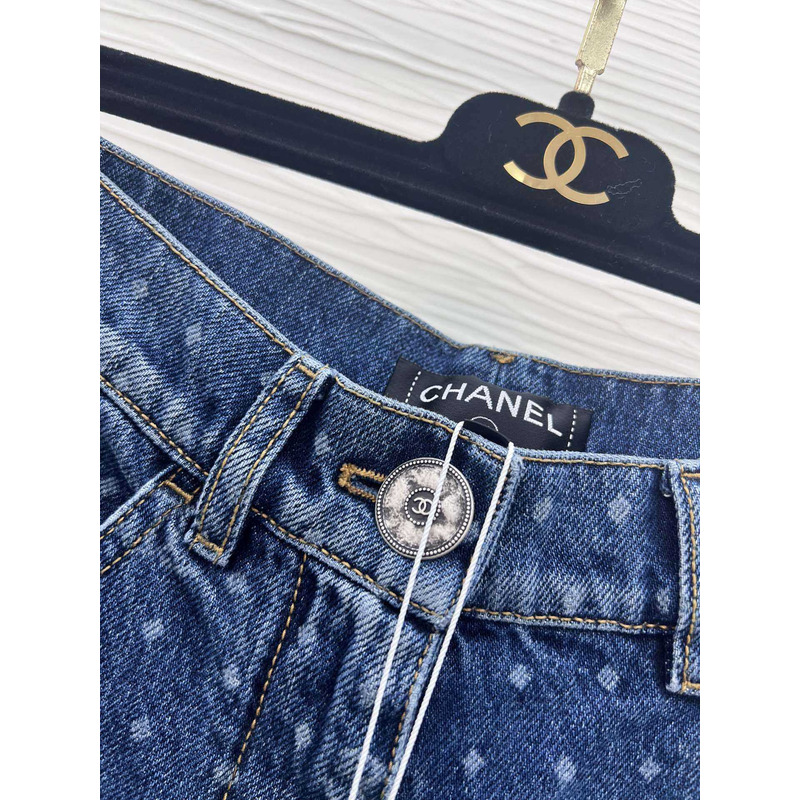 Ch*el cotton printed embroidered jeans blue