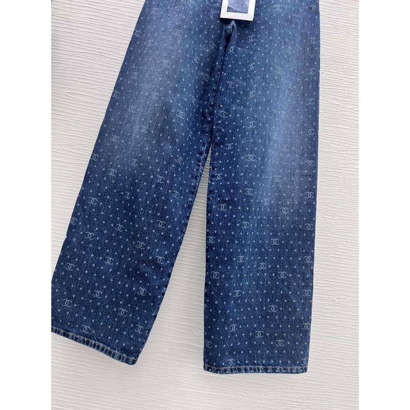 Ch*el cotton printed embroidered jeans blue