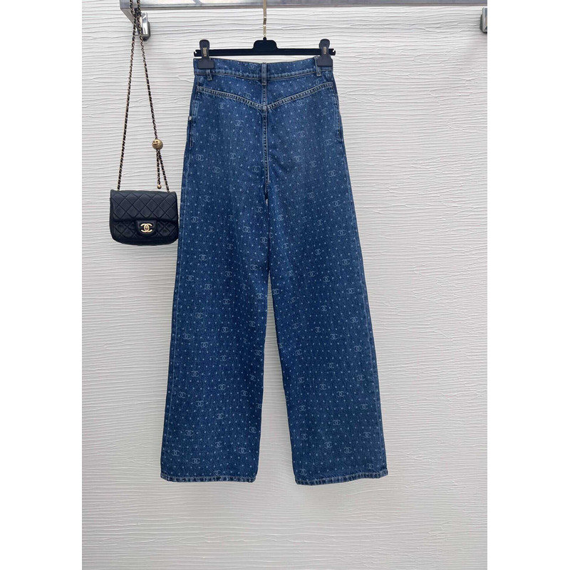 Ch*el cotton printed embroidered jeans blue