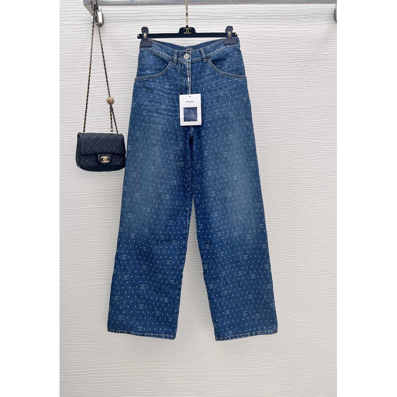 Ch*el cotton printed embroidered jeans blue