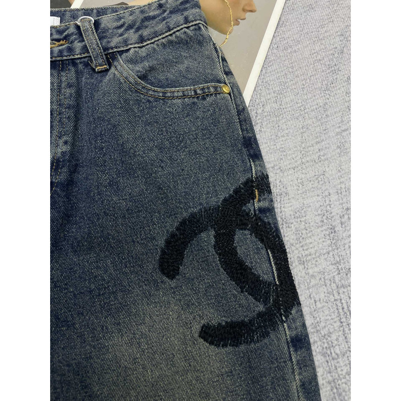 Ch*el cotton embroidered logo jeans darkblue