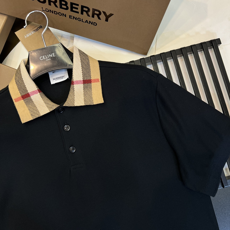 B**rry check collar cotton polo shirt in black