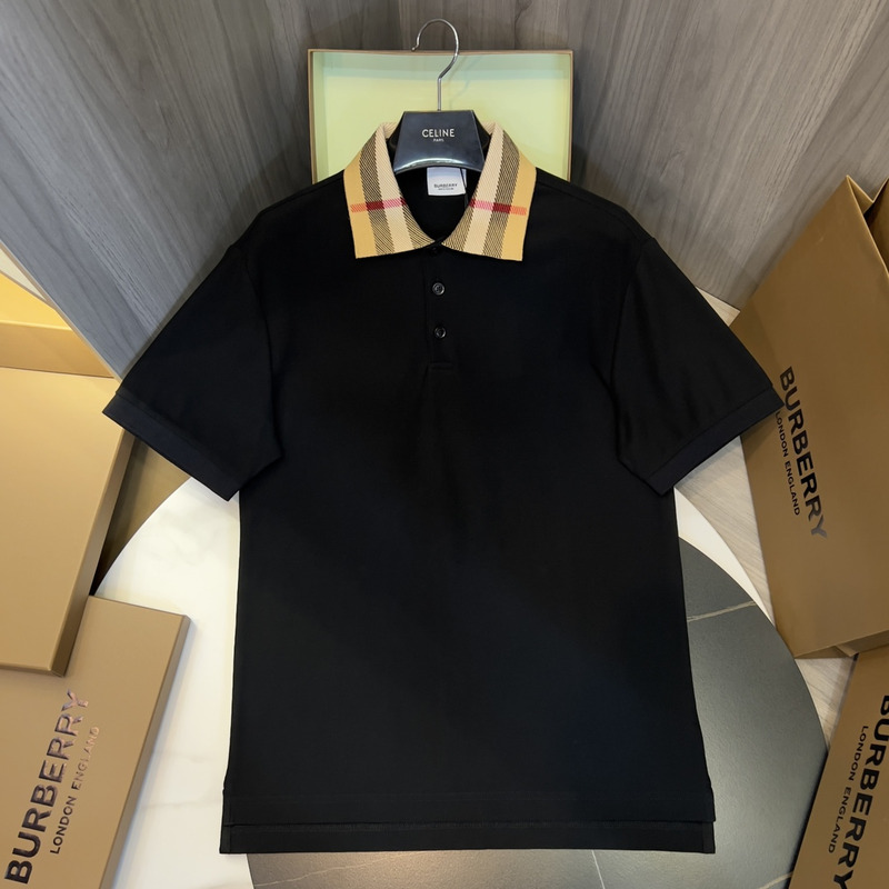 B**rry check collar cotton polo shirt in black