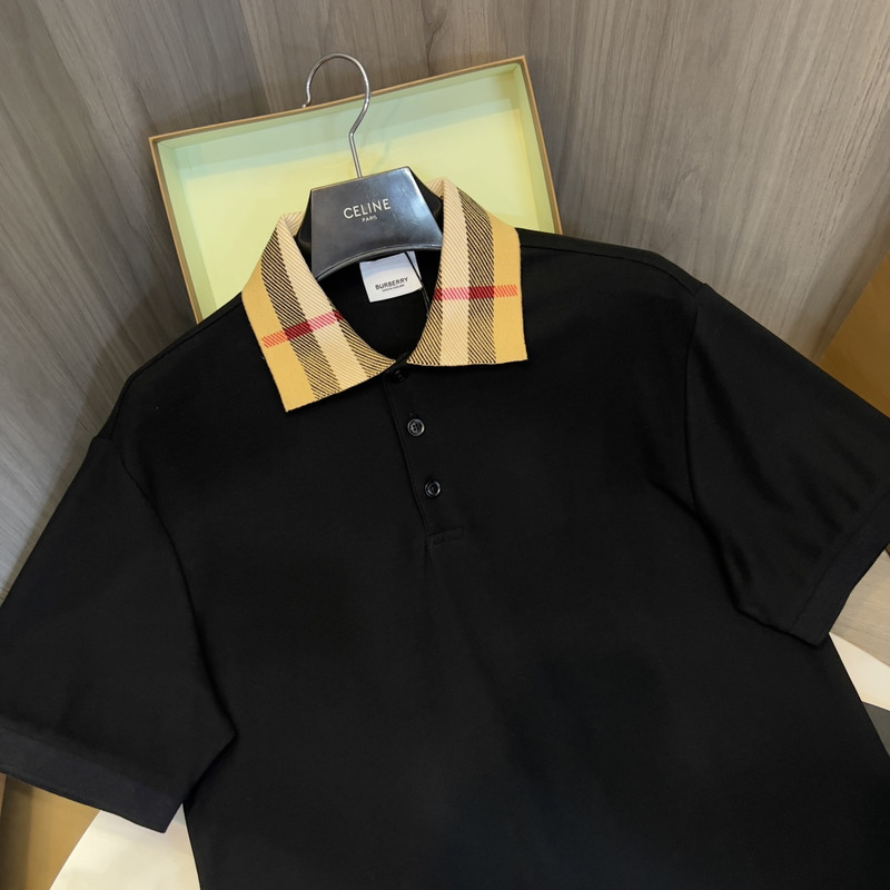 B**rry check collar cotton polo shirt in black