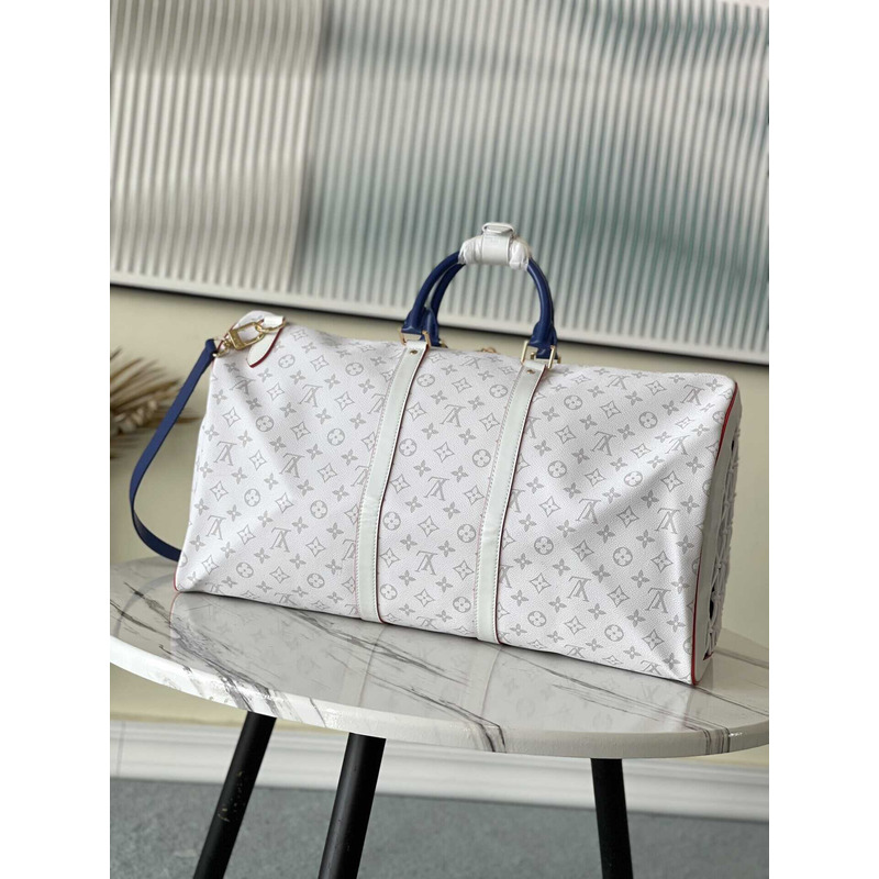 l**is V*t*n keepall bandoulière 55 embossed taurillon monogram cowhide leather bag white