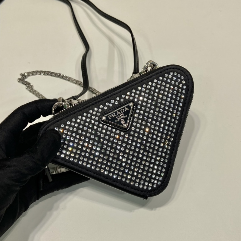 Pra*a embellished satin and leather mini pouch crystal