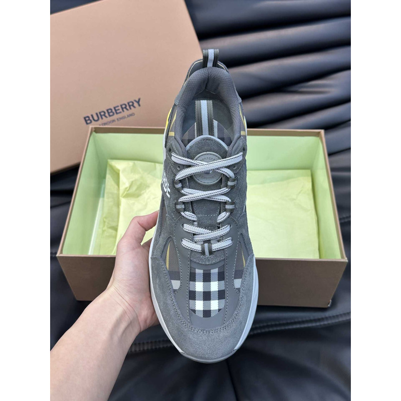 B**rry leather and suede logo print check sneaker grey