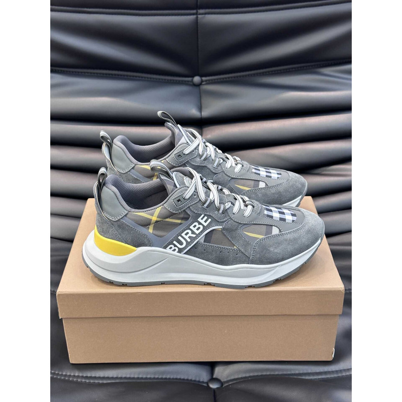 B**rry leather and suede logo print check sneaker grey