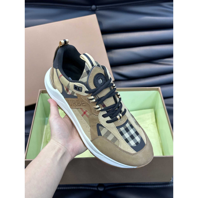 B**rry leather and suede logo print check sneaker brown