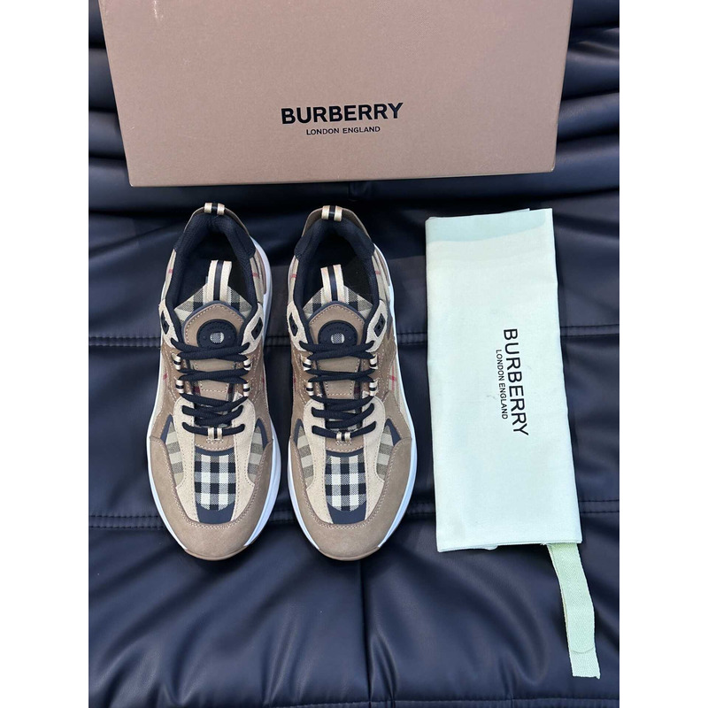 B**rry leather and suede logo print check sneaker brown