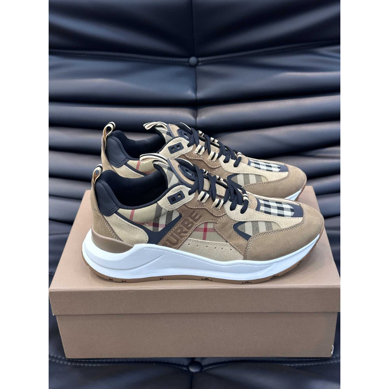 B**rry leather and suede logo print check sneaker brown