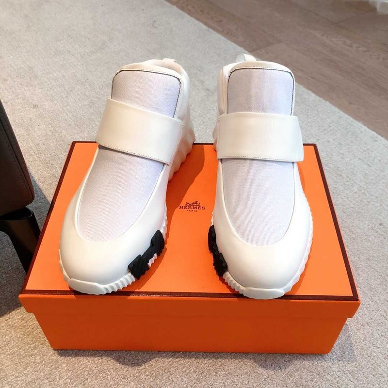 H**mes h canvas and calfskin sneaker blanc