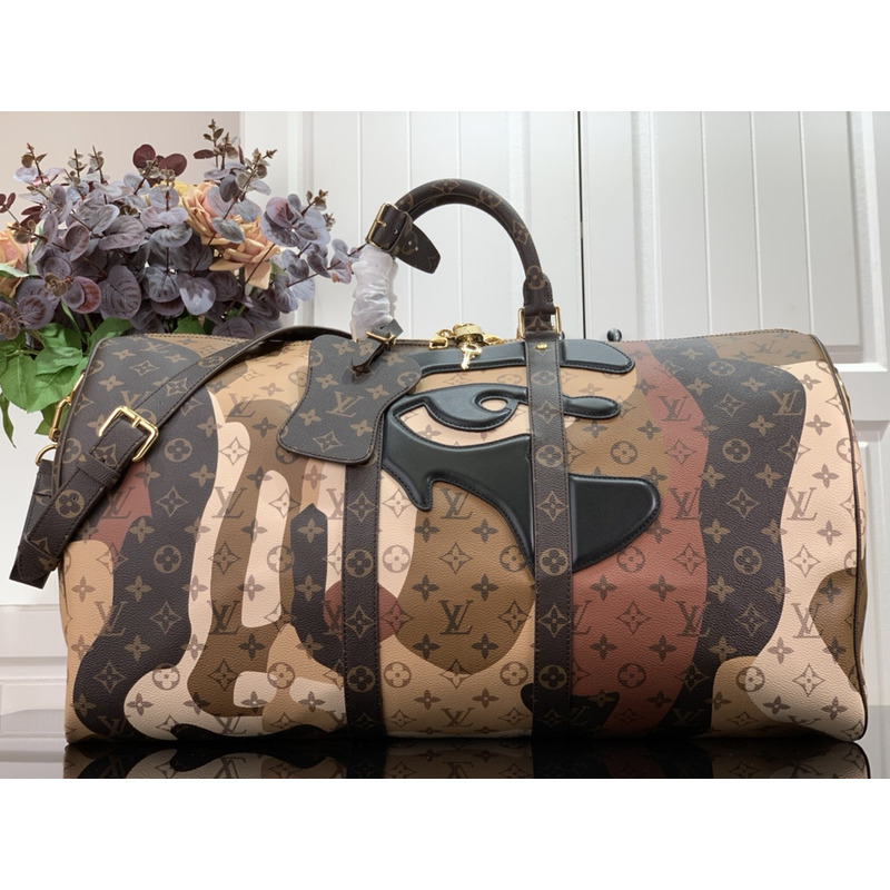 l**is V*t*n keepall bandoulière 55 woven letter-coated canvas and leather luggage bag multicolor