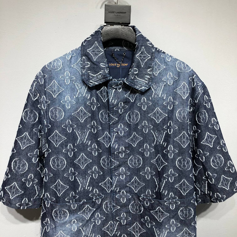 l**is V*t*n monogram short-sleeved chambray shirt indigo