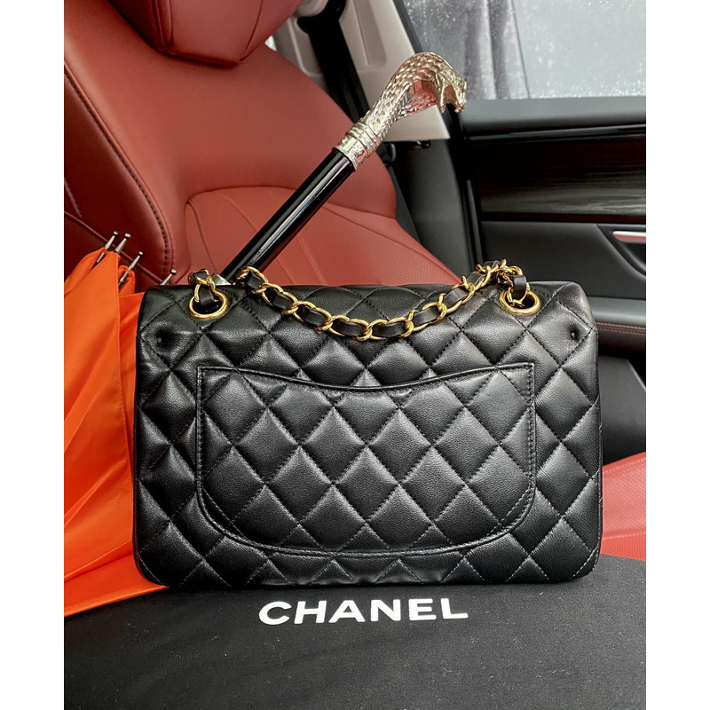 Ch*el small flap bag lambskin & gold-tone metal black