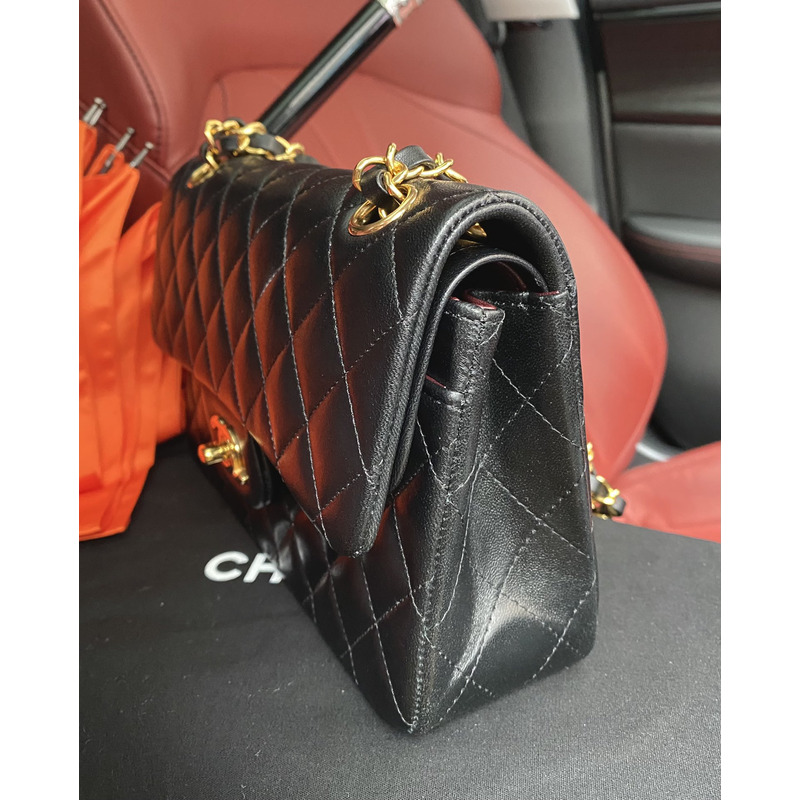 Ch*el small flap bag lambskin & gold-tone metal black