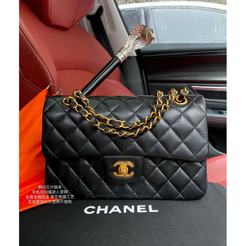 Ch*el small flap bag lambskin & gold-tone metal black