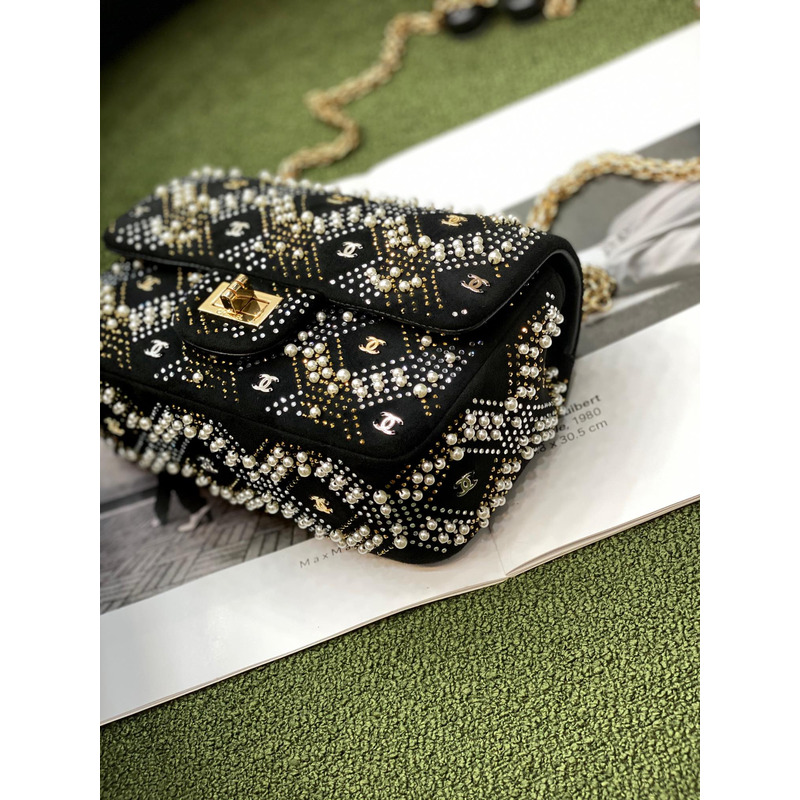 Ch*el crystal & pearl embellished classic flap shoulder bag black