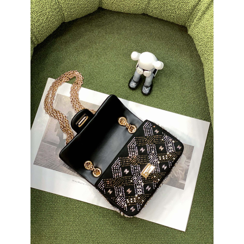 Ch*el crystal & pearl embellished classic flap shoulder bag black