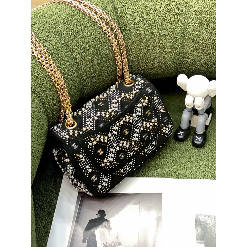 Ch*el crystal & pearl embellished classic flap shoulder bag black