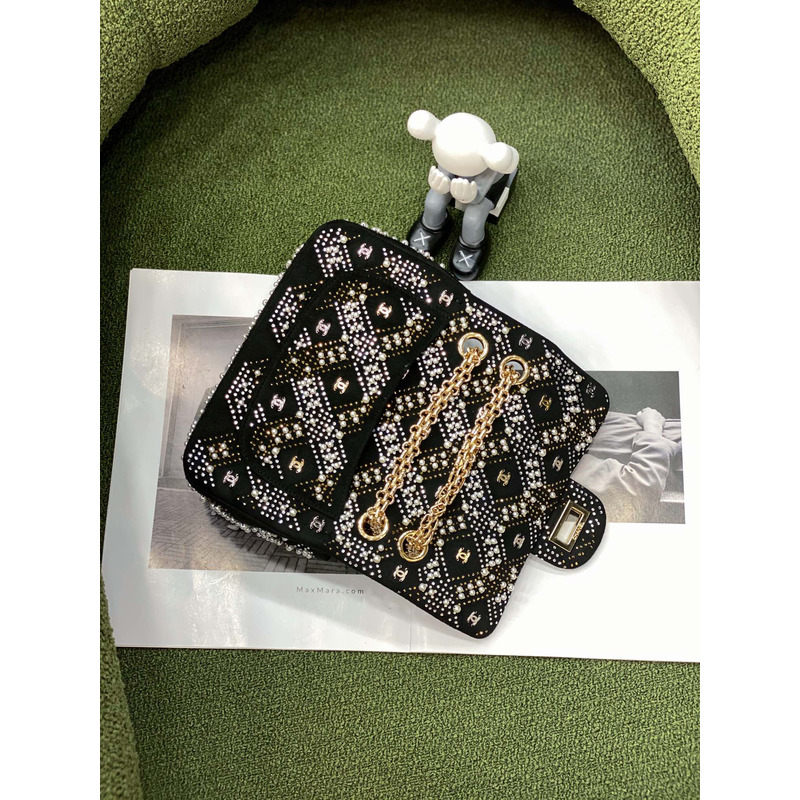 Ch*el crystal & pearl embellished classic flap shoulder bag black