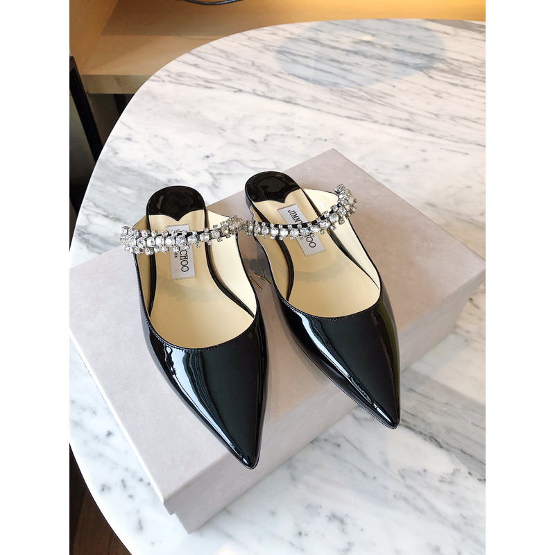 Jimmy Choo Bing Flat Patent Leather Mules With Crystal Strap Black