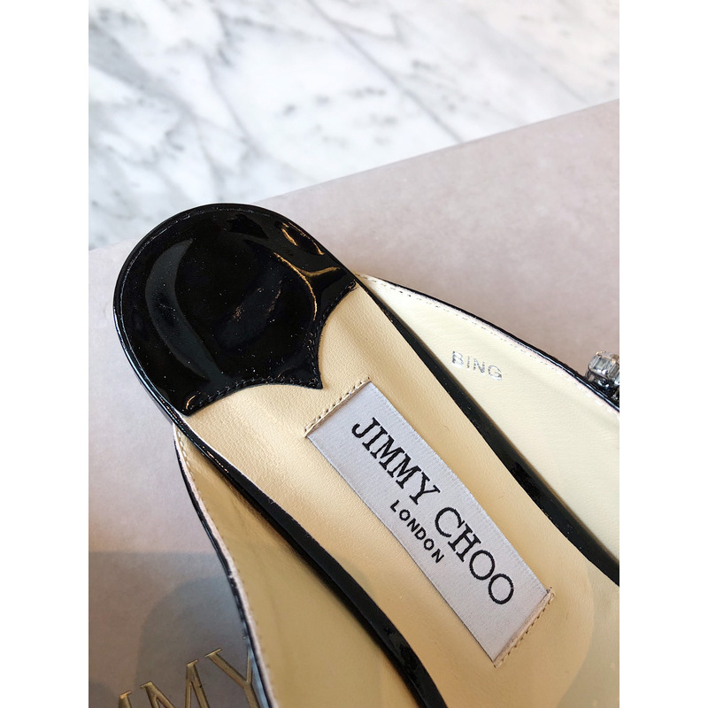 Jimmy Choo Bing Flat Patent Leather Mules With Crystal Strap Black