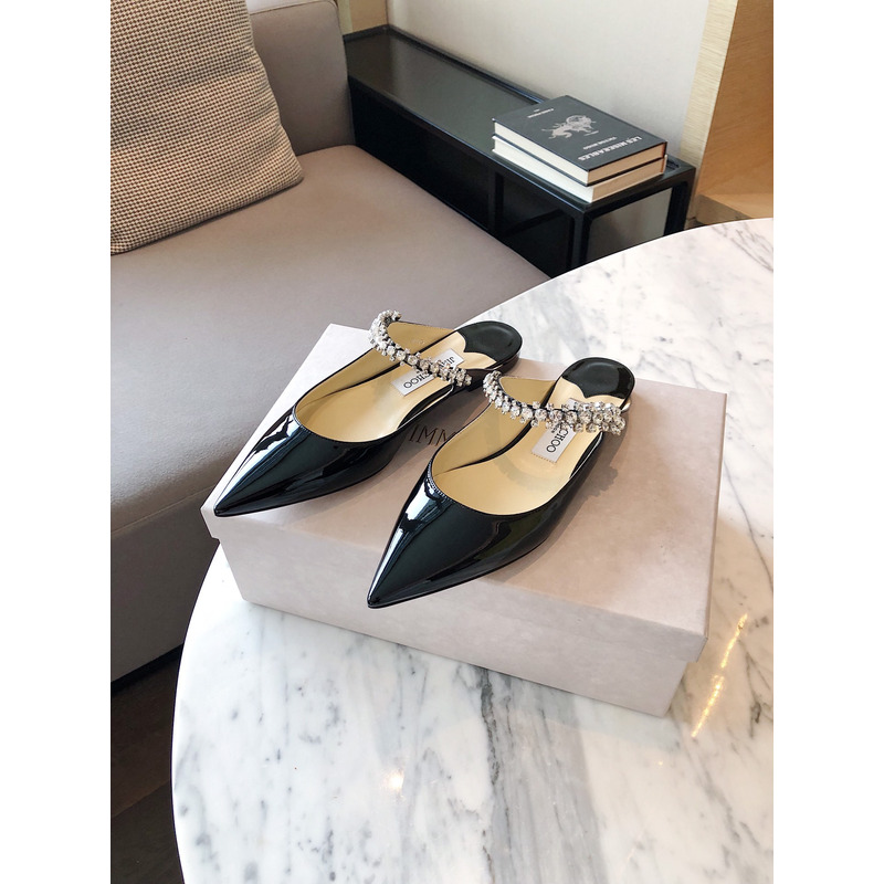 Jimmy Choo Bing Flat Patent Leather Mules With Crystal Strap Black