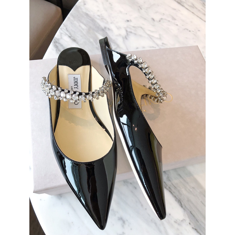 Jimmy Choo Bing Flat Patent Leather Mules With Crystal Strap Black