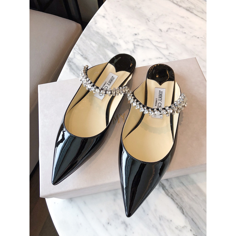 Jimmy Choo Bing Flat Patent Leather Mules With Crystal Strap Black