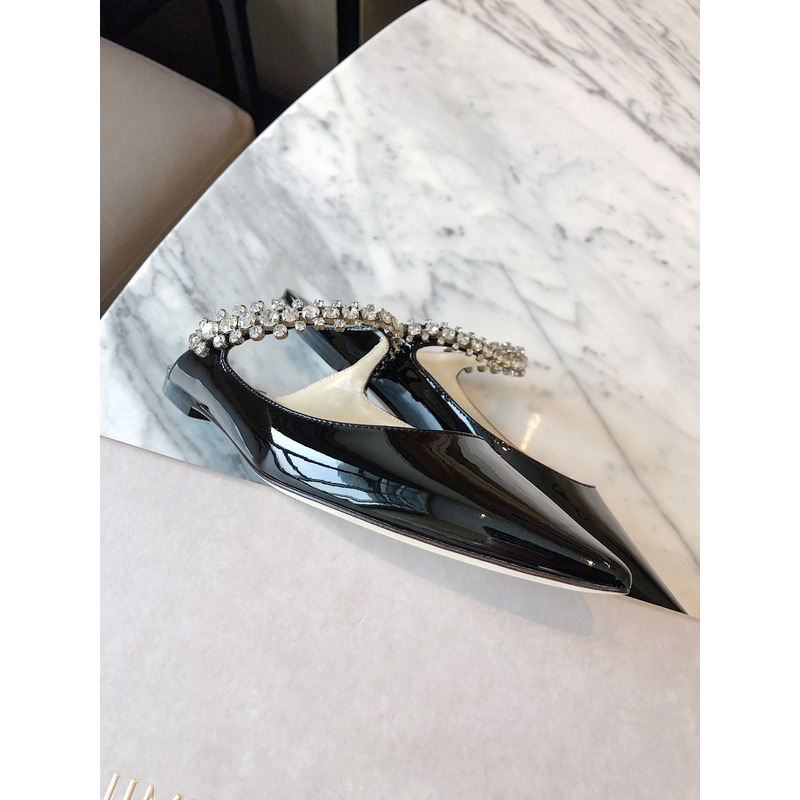 Jimmy Choo Bing Flat Patent Leather Mules With Crystal Strap Black