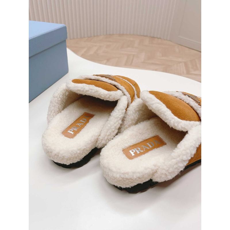 Pra*a logo-plaque shearling slippers brown