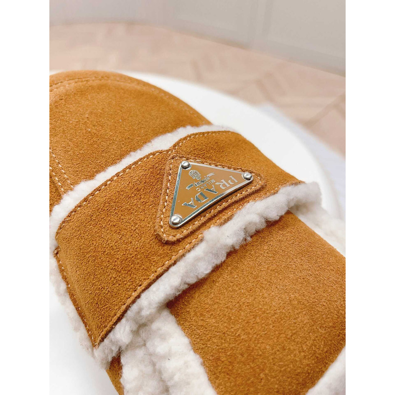 Pra*a logo-plaque shearling slippers brown